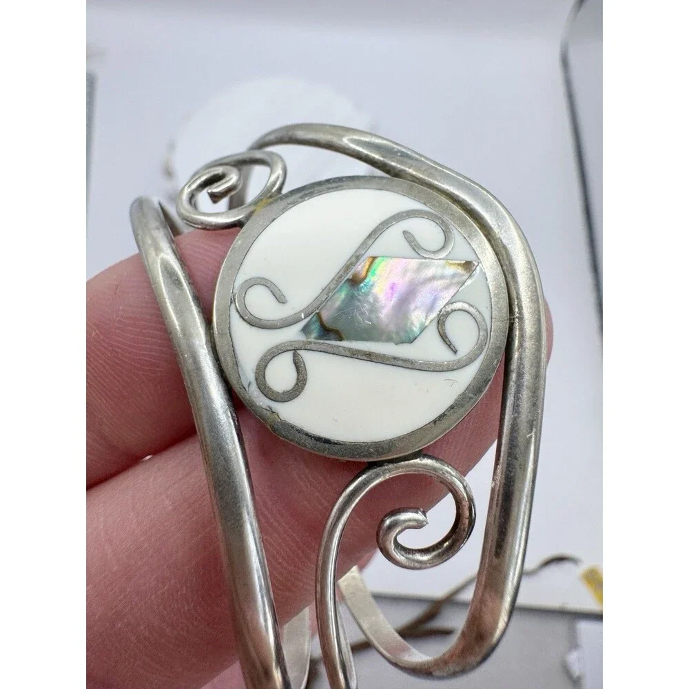 Vintage Alpaca Mexico Abalone Inlay Shell Cuff Bracelet Bohemian Chunky
